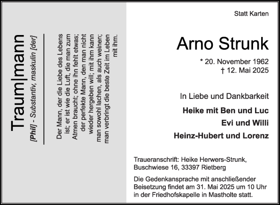 Traueranzeige von Arno Strunk von Die Glocke