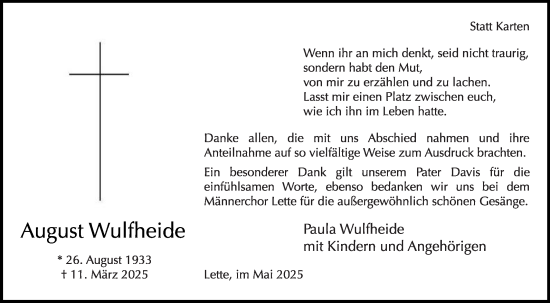 Traueranzeige von August Wulfheide von Die Glocke