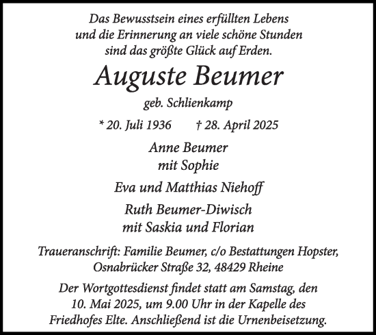 Traueranzeige von Auguste Beumer von Die Glocke