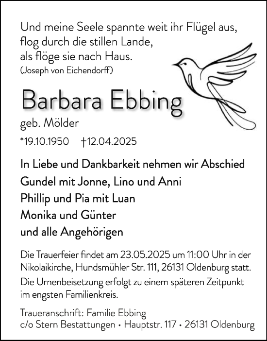 Traueranzeige von Barbara Ebbing von Die Glocke
