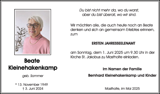 Traueranzeige von Beate Kleinehakenkamp von Die Glocke