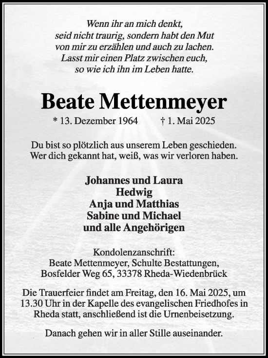 Traueranzeige von Beate Mettenmeyer von Die Glocke