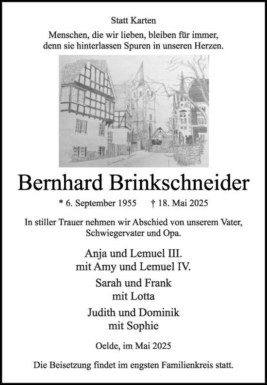 Traueranzeige von Bernhard Brinkschneider von Die Glocke