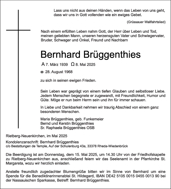 Traueranzeige von Bernhard Brüggenthies von Die Glocke