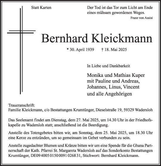 Traueranzeige von Bernhard Kleickmann von Die Glocke