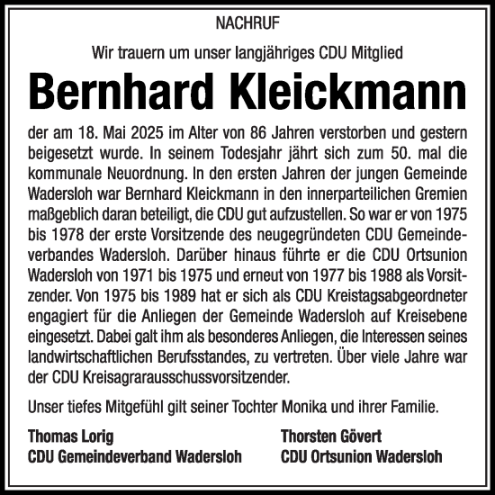 Traueranzeige von Bernhard Kleickmann von Die Glocke