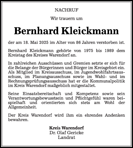 Traueranzeige von Bernhard Kleickmann von Die Glocke