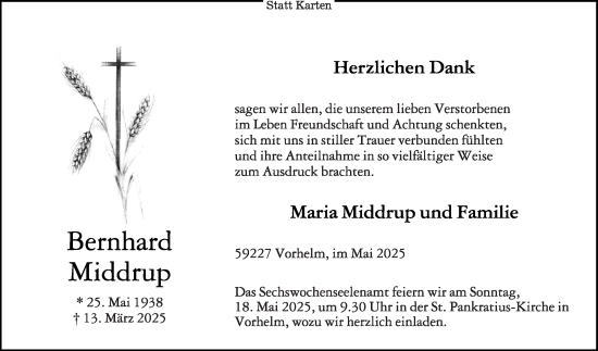 Traueranzeige von Bernhard Middrup von Die Glocke