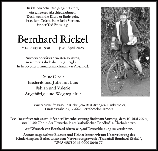 Traueranzeige von Bernhard Rickel von Die Glocke