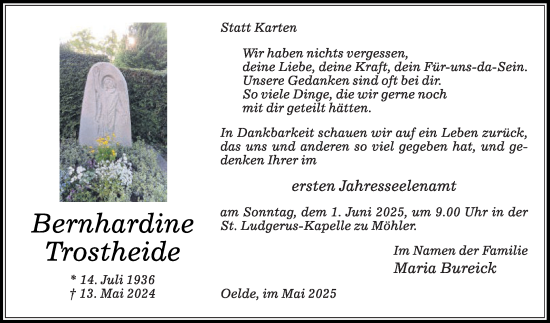 Traueranzeige von Bernhardine Trostheide von Die Glocke