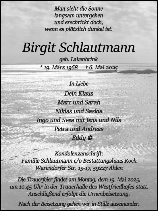 Traueranzeige von Birgit Schlautmann von Die Glocke