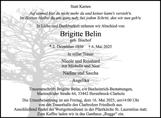 Traueranzeige von Brigitte Belin von Die Glocke