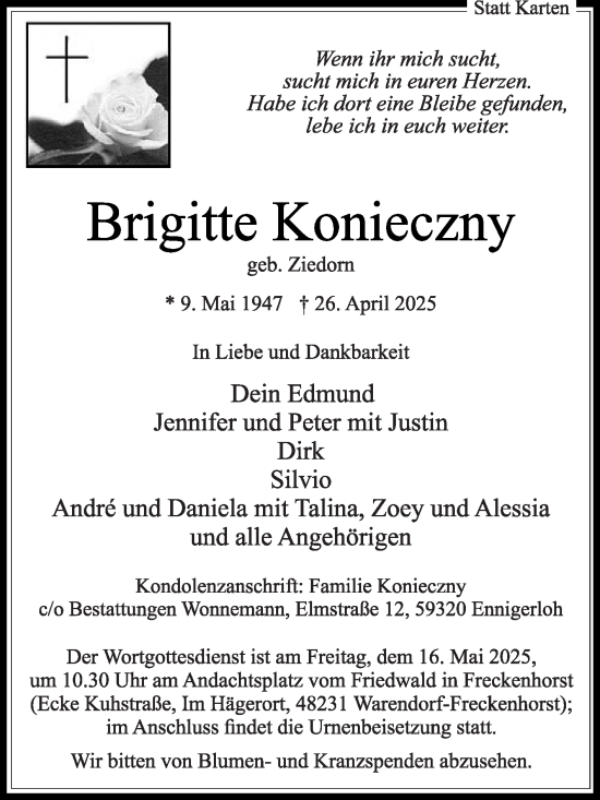 Traueranzeige von Brigitte Konieczny von Die Glocke