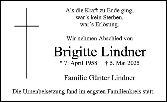 Traueranzeige von Brigitte Lindner von Die Glocke