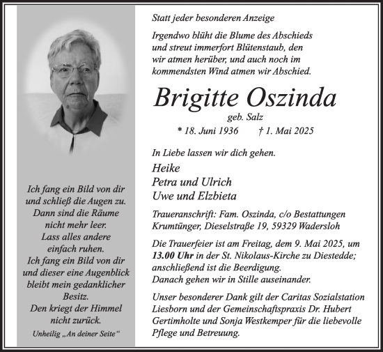 Traueranzeige von Brigitte Oszinda von Die Glocke
