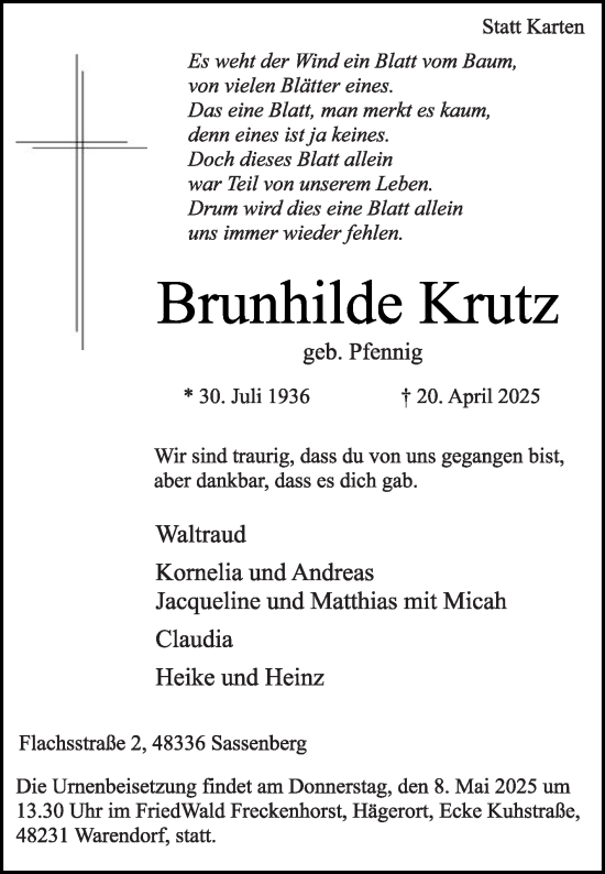 Traueranzeige von Brunhilde Krutz von Die Glocke