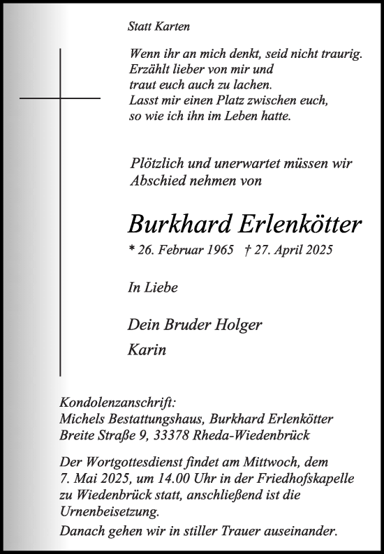 Traueranzeige von Burkhard Erlenkötter von Die Glocke