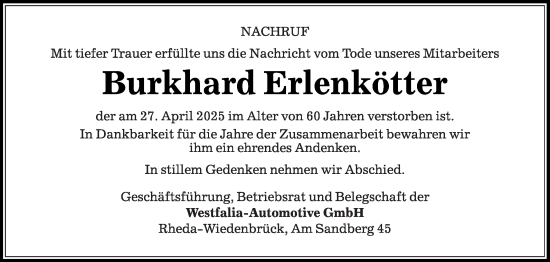 Traueranzeige von Burkhard Erlenkötter von Die Glocke