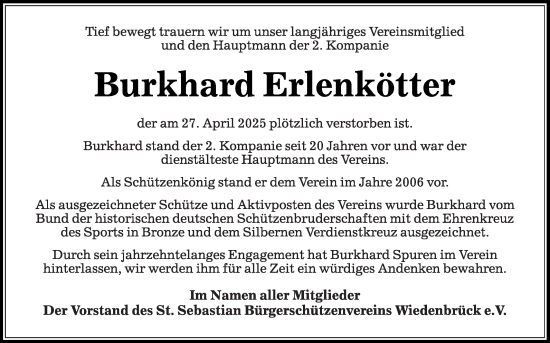 Traueranzeige von Burkhard Erlenkötter von Die Glocke