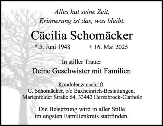 Traueranzeige von Cäcilia Schomäcker von Die Glocke