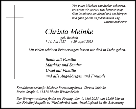 Traueranzeige von Christa Meinke von Die Glocke