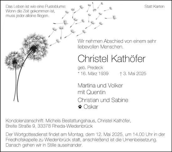 Traueranzeige von Christel Kathöfer von Die Glocke
