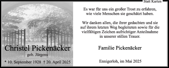 Traueranzeige von Christel Pickenäcker von Die Glocke