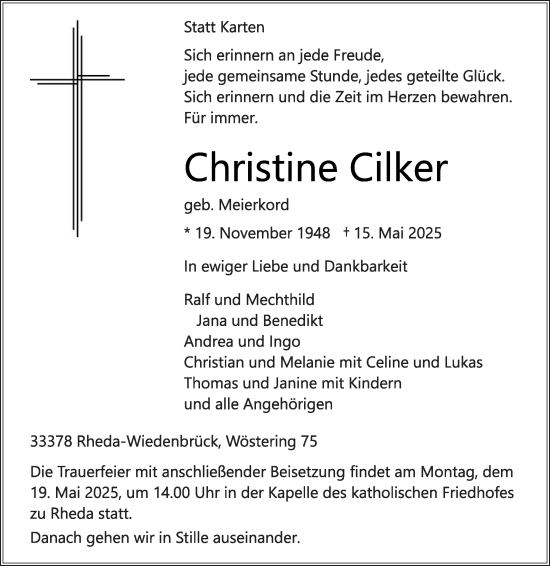 Traueranzeige von Christine Cilker von Die Glocke