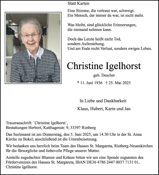Traueranzeige von Christine Igelhorst von Die Glocke