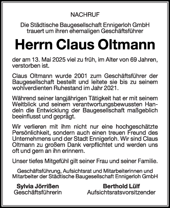 Traueranzeige von Claus Oltmann von Die Glocke