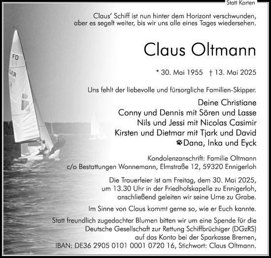 Traueranzeige von Claus Oltmann von Die Glocke