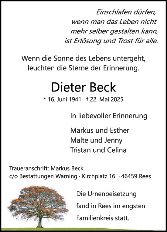 Traueranzeige von Dieter Beck von Die Glocke