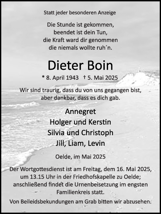 Traueranzeige von Dieter Boin von Die Glocke
