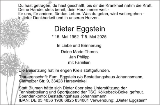 Traueranzeige von Dieter Eggstein von Die Glocke