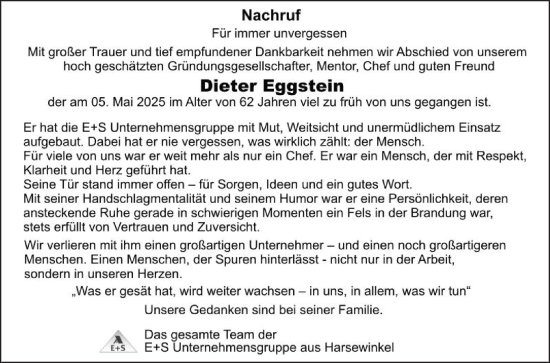 Traueranzeige von Dieter Eggstein von Die Glocke