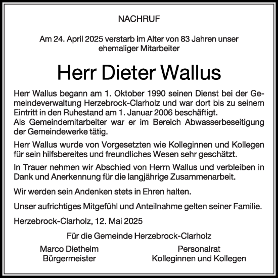 Traueranzeige von Dieter Wallus von Die Glocke