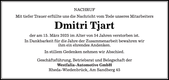 Traueranzeige von Dmitri Tjart von Die Glocke