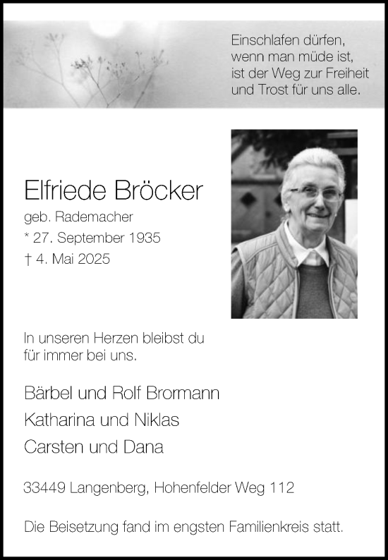 Traueranzeige von Elfriede Bröcker von Die Glocke