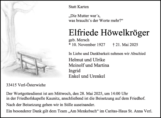Traueranzeige von Elfriede Höwelkröger von Die Glocke
