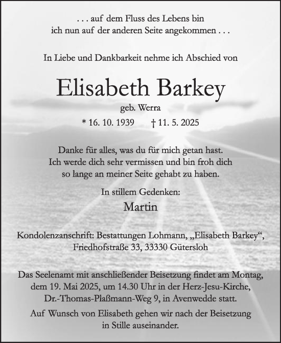 Traueranzeige von Elisabeth Barkey von Die Glocke