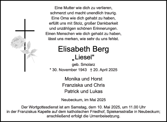Traueranzeige von Elisabeth Berg von Die Glocke