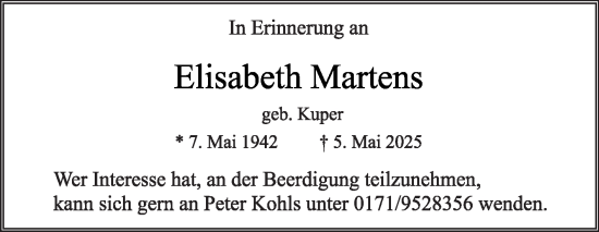 Traueranzeige von Elisabeth Martens von Die Glocke