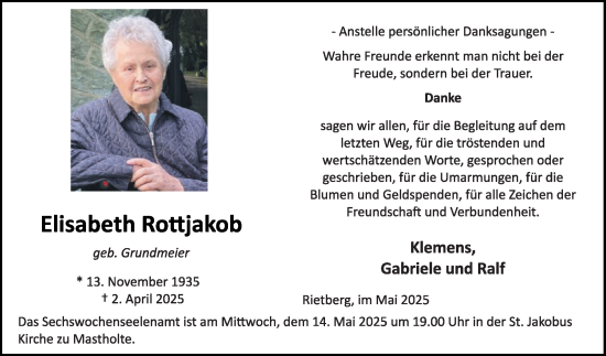 Traueranzeige von Elisabeth Rottjakob von Die Glocke