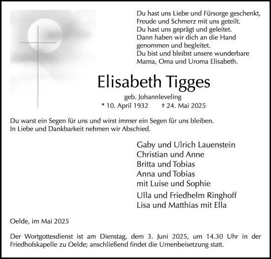 Traueranzeige von Elisabeth Tigges von Die Glocke