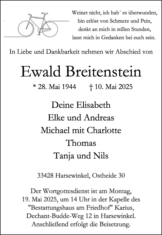Traueranzeige von Ewald Breitenstein von Die Glocke