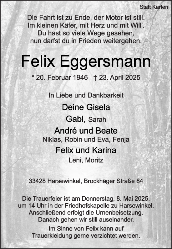 Traueranzeige von Felix Eggersmann von Die Glocke