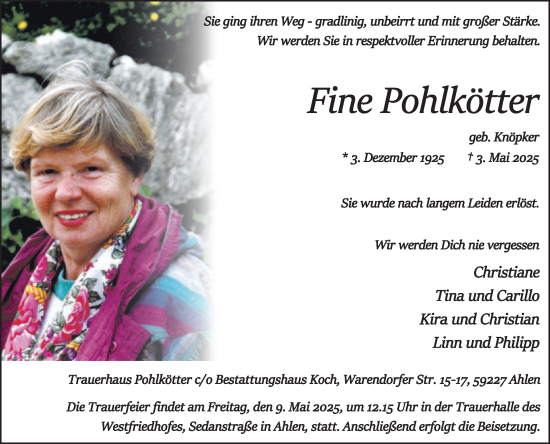 Traueranzeige von Fine Pohlkötter von Die Glocke