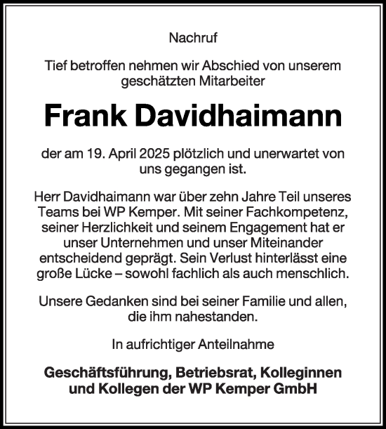 Traueranzeige von Frank Davidhaimann von Die Glocke