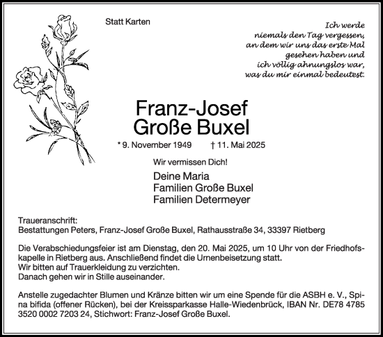 Traueranzeige von Franz-Josef Große Buxel von Die Glocke
