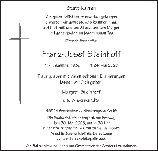 Traueranzeige von Franz-Josef Steinhoff von Die Glocke